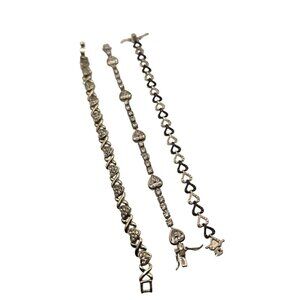 Set Of 3 925 Sterling Silver Heart Link Cubic Zirconia Tennis Bracelets 44g